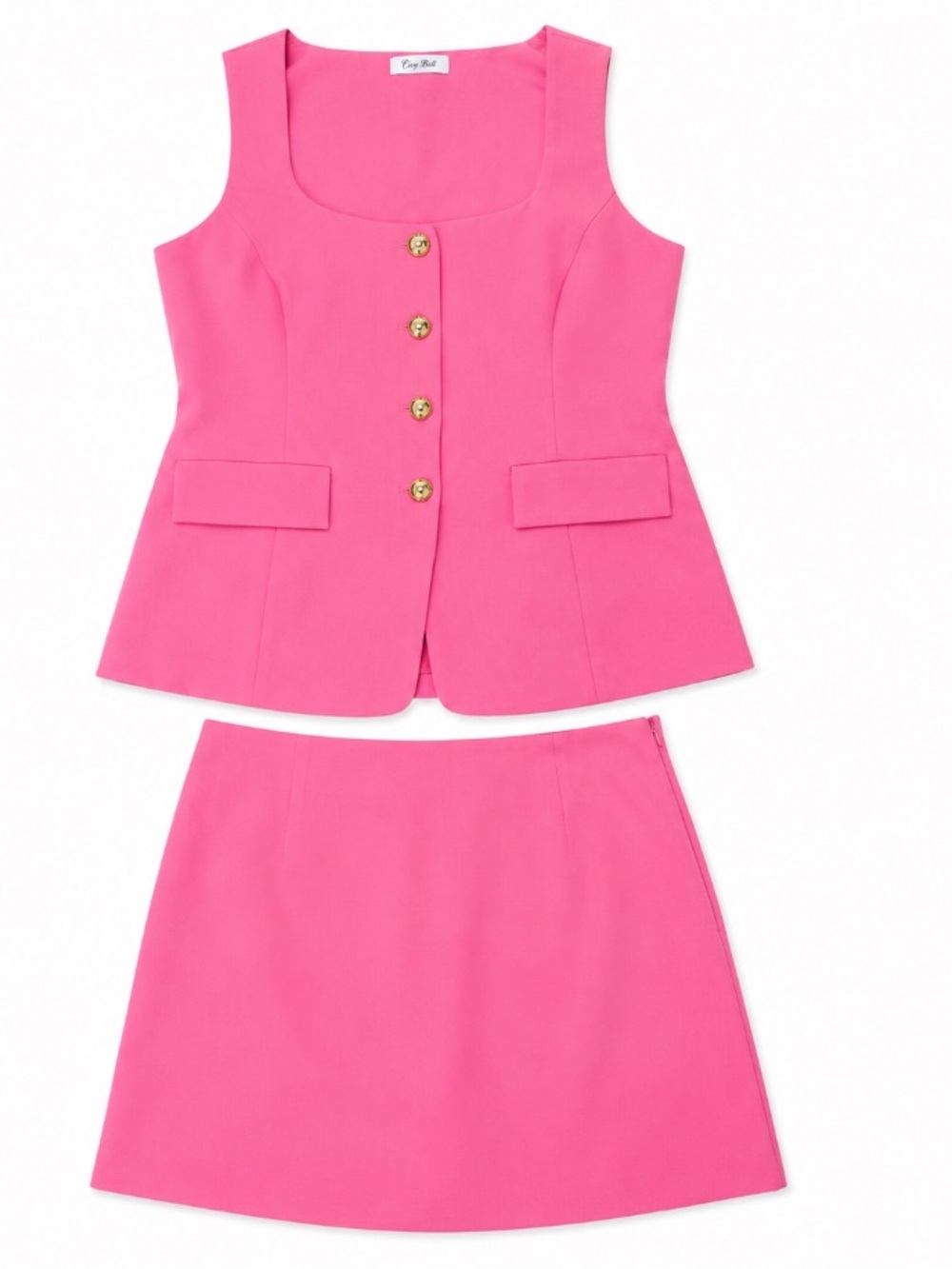 Cicy Bell • Pink • Sleeveless • Skirt Set • Gold Button-Front Vest • Large